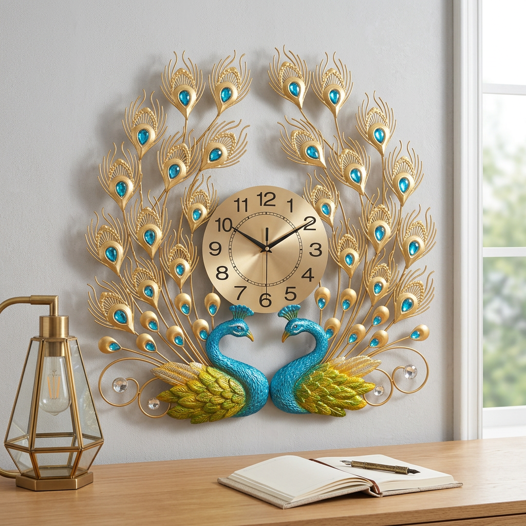 Horloge Murale Paon Double Colorée Créative Luxe Silencieuse - Variation 1