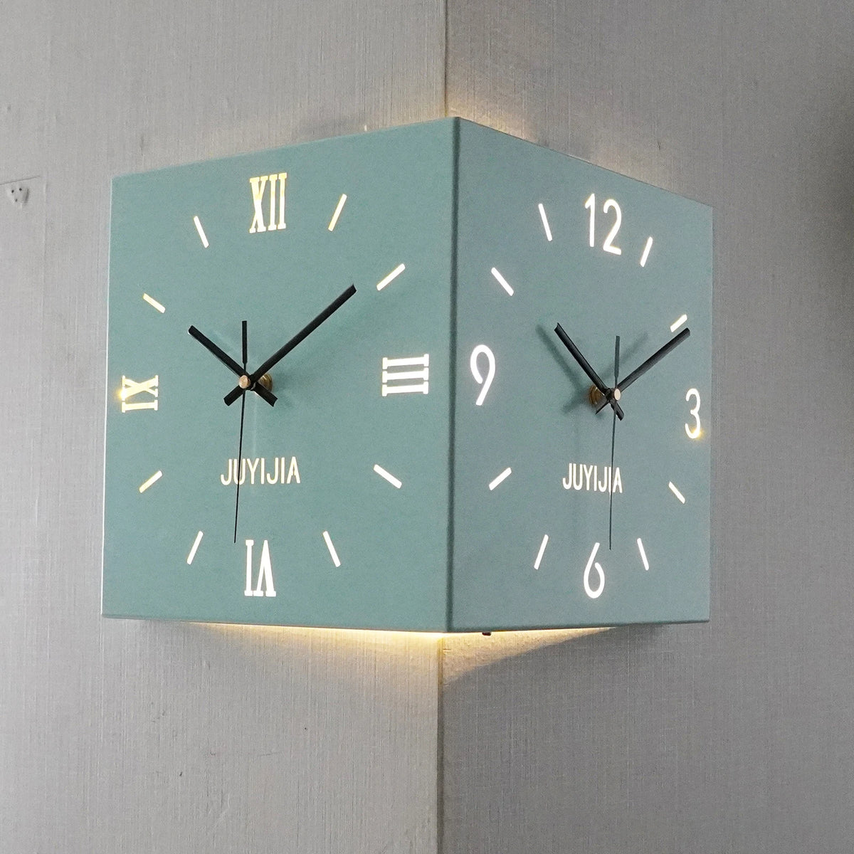 Horloge Mural Coin Double Face Lumineuse Silencieuse Moderne