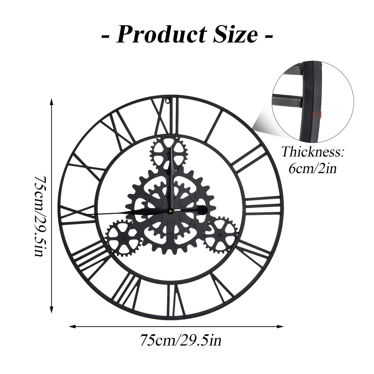 Horloge Mural Vintage Industrielle Silencieuse Engrenages Noire