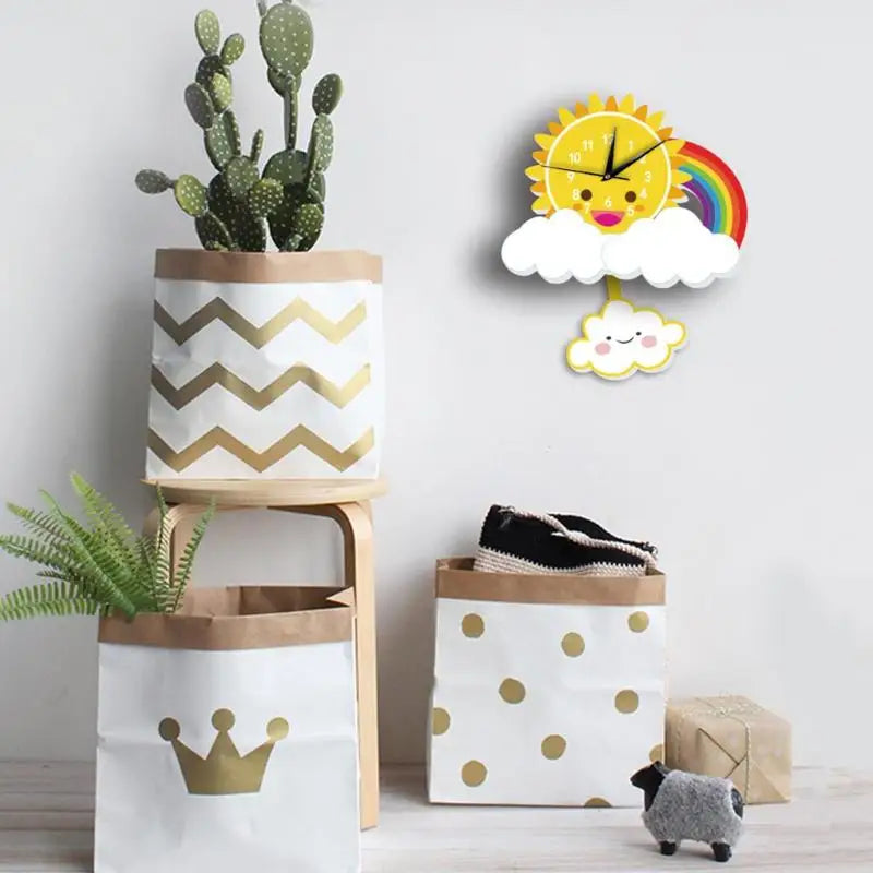 Horloge Murale Enfant Pendule Arc-en-ciel Soleil Nuage Silencieuse