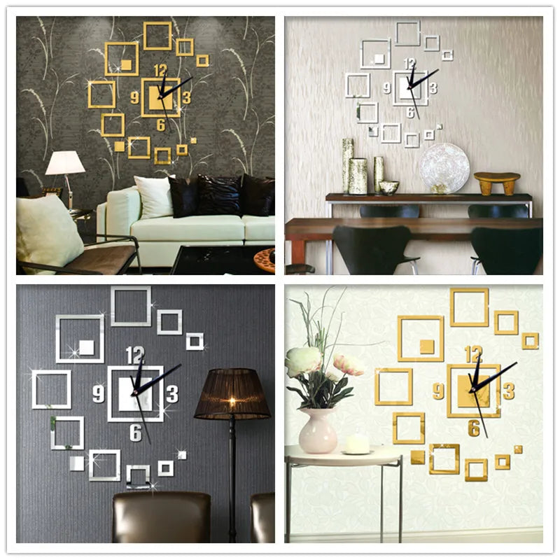 Horloge Murale Miroir Acrylique 3D Adhésive Carrée DIY