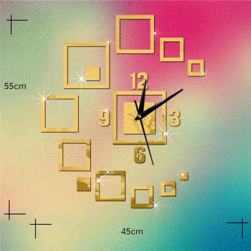 Horloge Mural Carrée 3D Miroir Acrylique Adhésive DIY