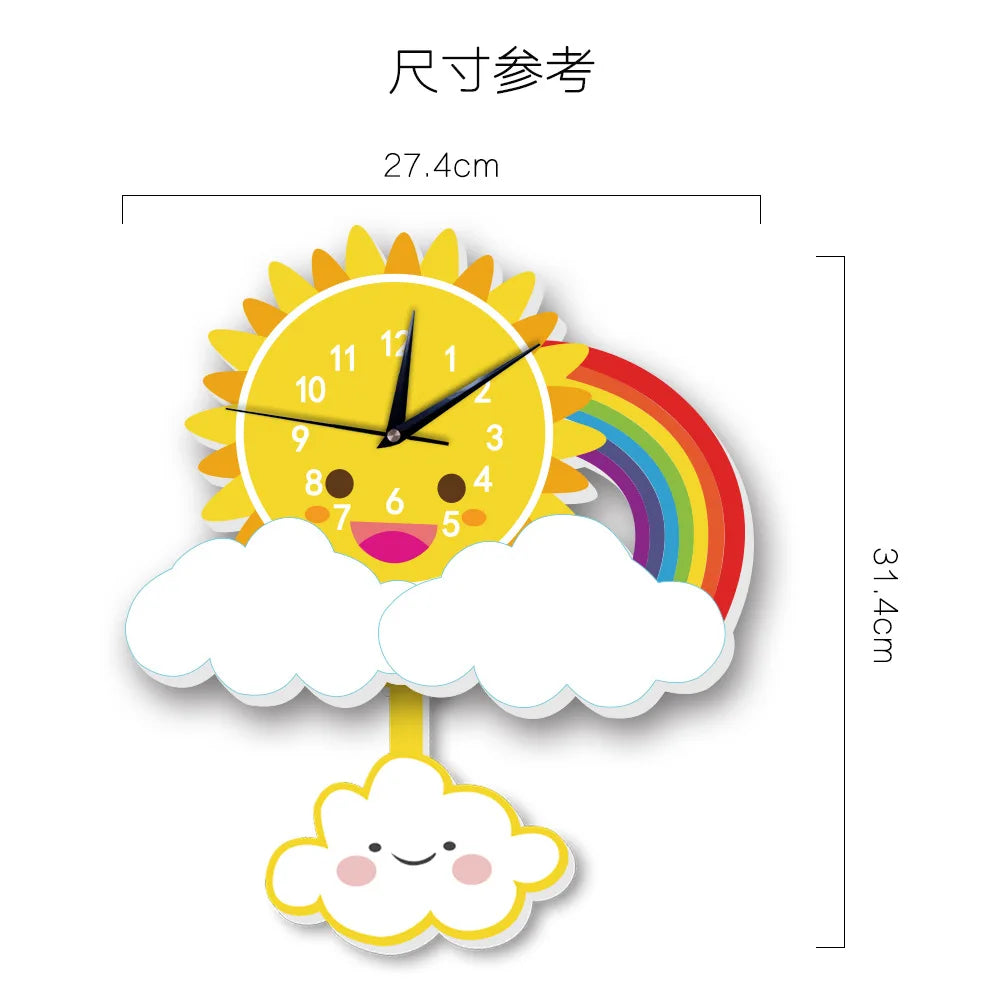 Pendulum Clocks Kids Wall Clock for Children Room Rainbow Cartoon Sun Slient Cloud Watch Study Living Room Decoration Home Decor