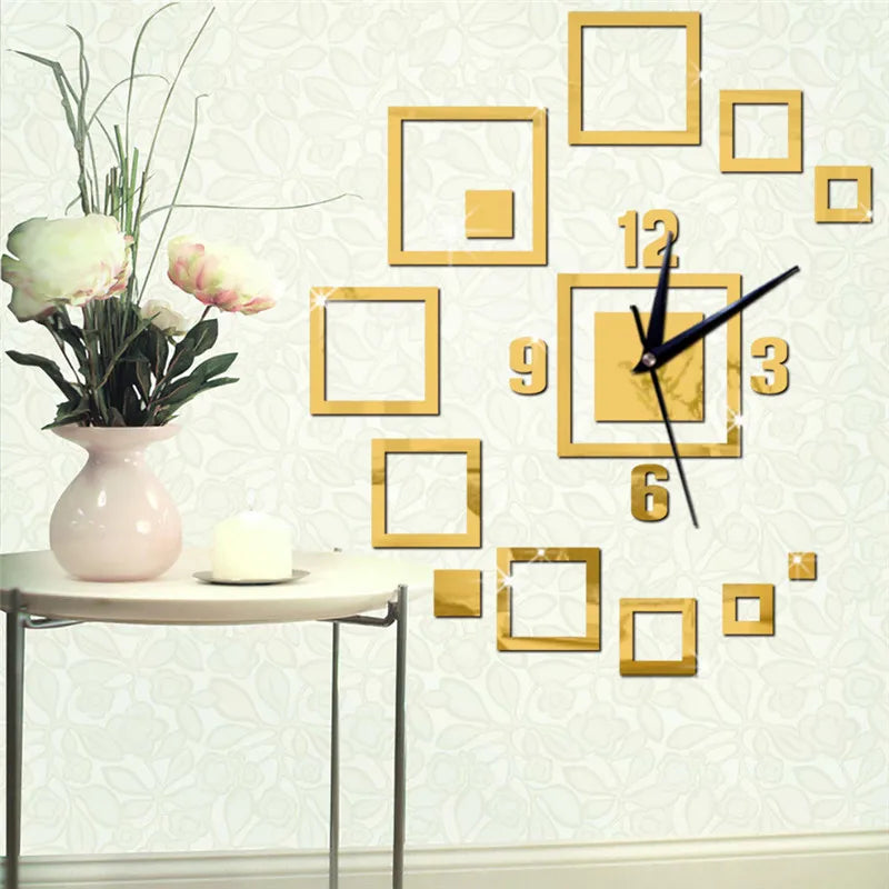 Horloge Murale 3D Carrée Acrylique Miroir DIY Design