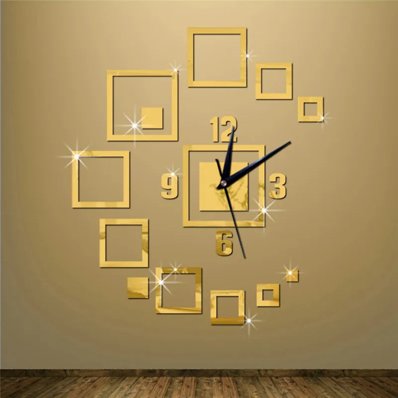 Horloge Mural Carrée 3D Miroir Acrylique Adhésive DIY