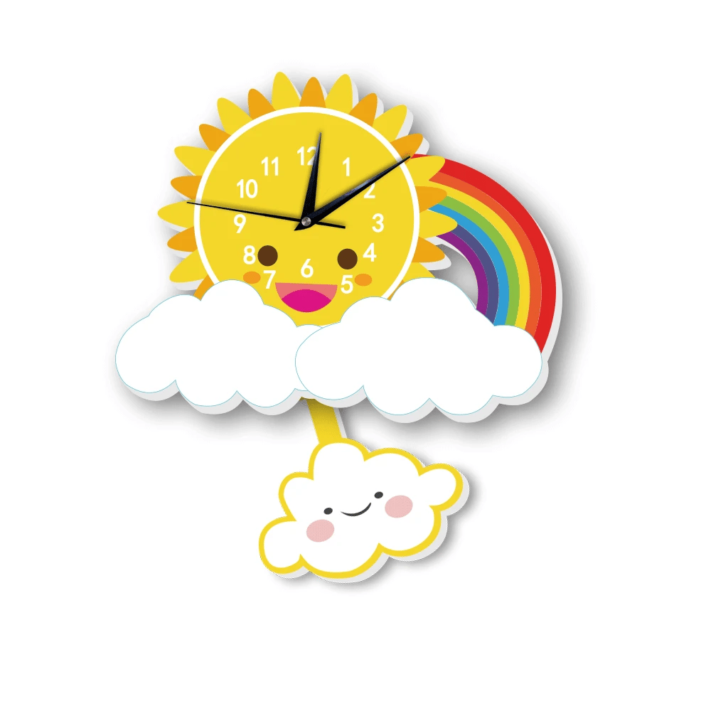 Horloge Murale Enfant Pendule Arc-en-ciel Soleil Silencieuse
