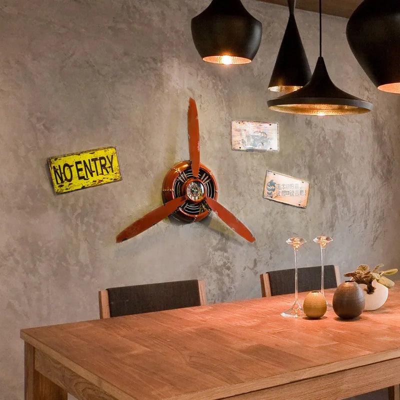 Horloge Mural Hélice Avion Rétro Industrielle Métal Silencieuse