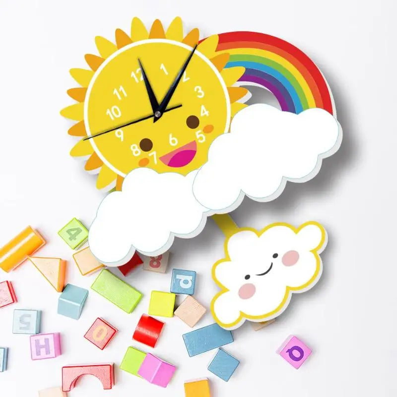 Horloge Murale Enfant Arc-en-ciel Soleil Nuage Silencieuse Chambre