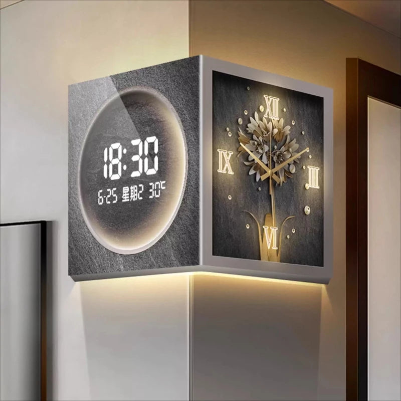 Horloge Mural Double Face Coin LED Digitale Silencieuse