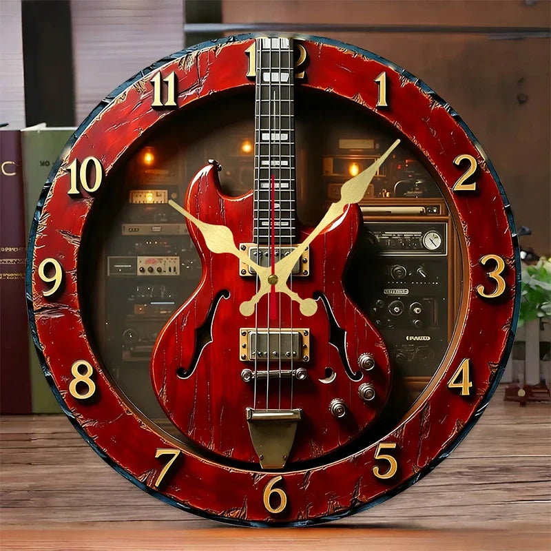 Horloge Mural Guitare Vintage Bois Créative Silencieuse Décor.