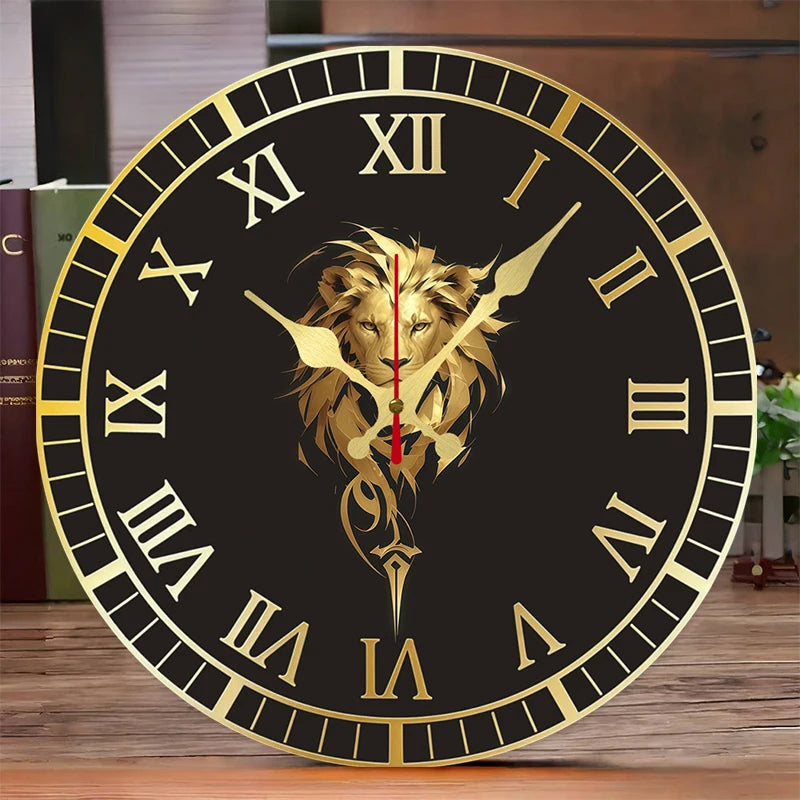 Horloge Mural Lion Doré Romain Bois Silencieuse