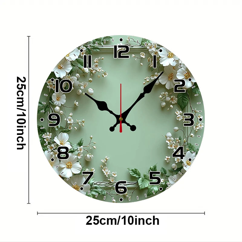 Horloge Mural Bois Ronde Couronne Verte Silencieuse Romantique