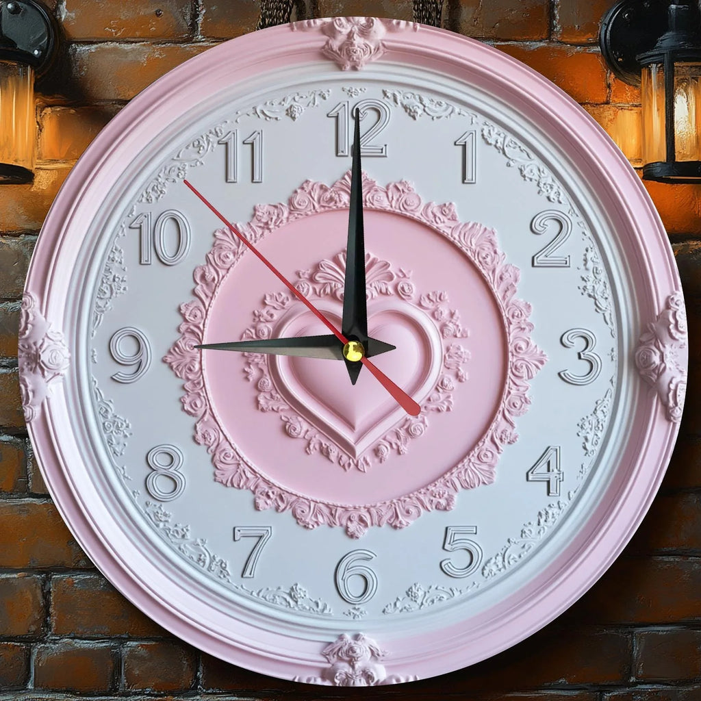 Horloge Mural Bois Rose Cœur Déco Murale