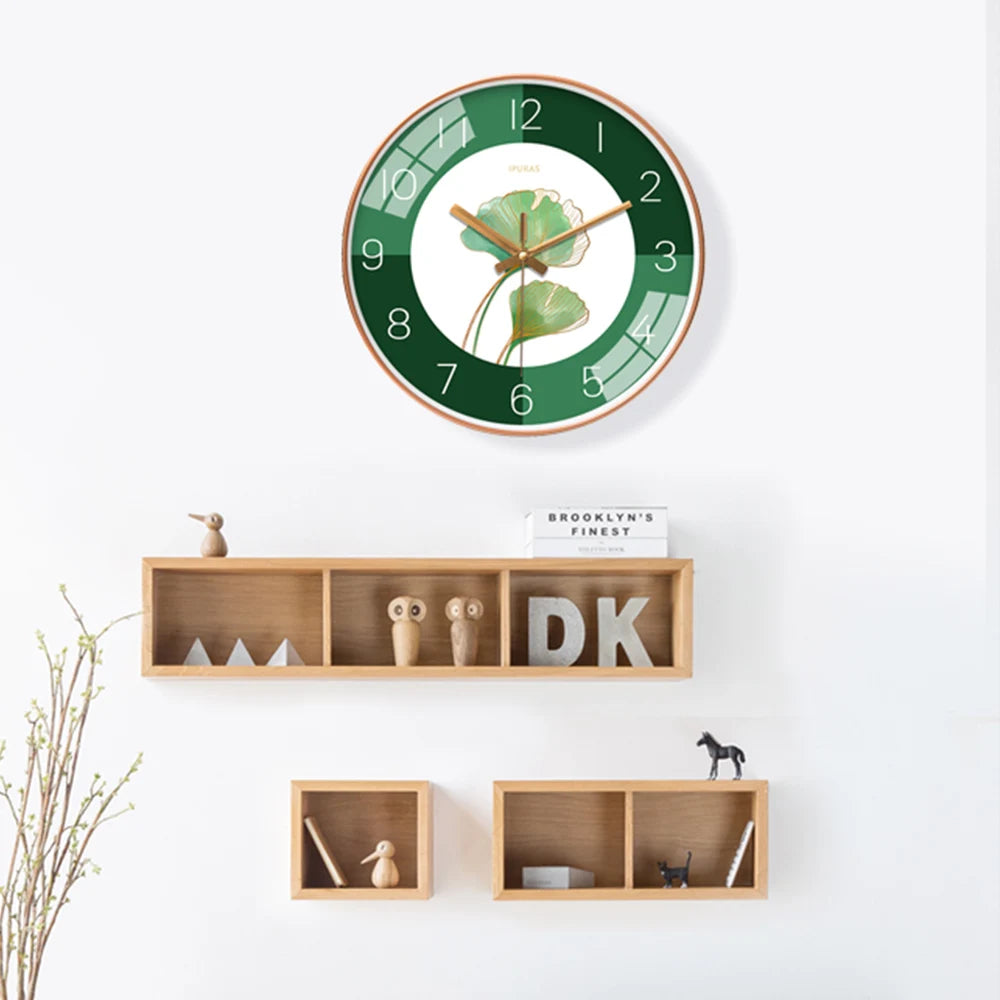 Horloge Murale Feuilles Vertes Moderne Silencieuse Salon Chambre