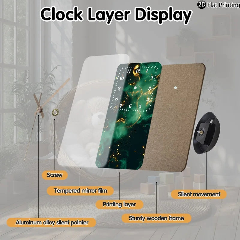 Horloge Mural Bois Abstrait Fumée Dorée Silencieuse Rectangle