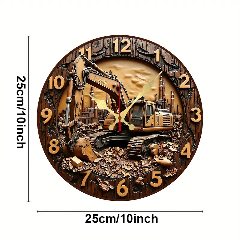 Horloge Mural Bois Excavatrice Industrielle Silencieuse Déco