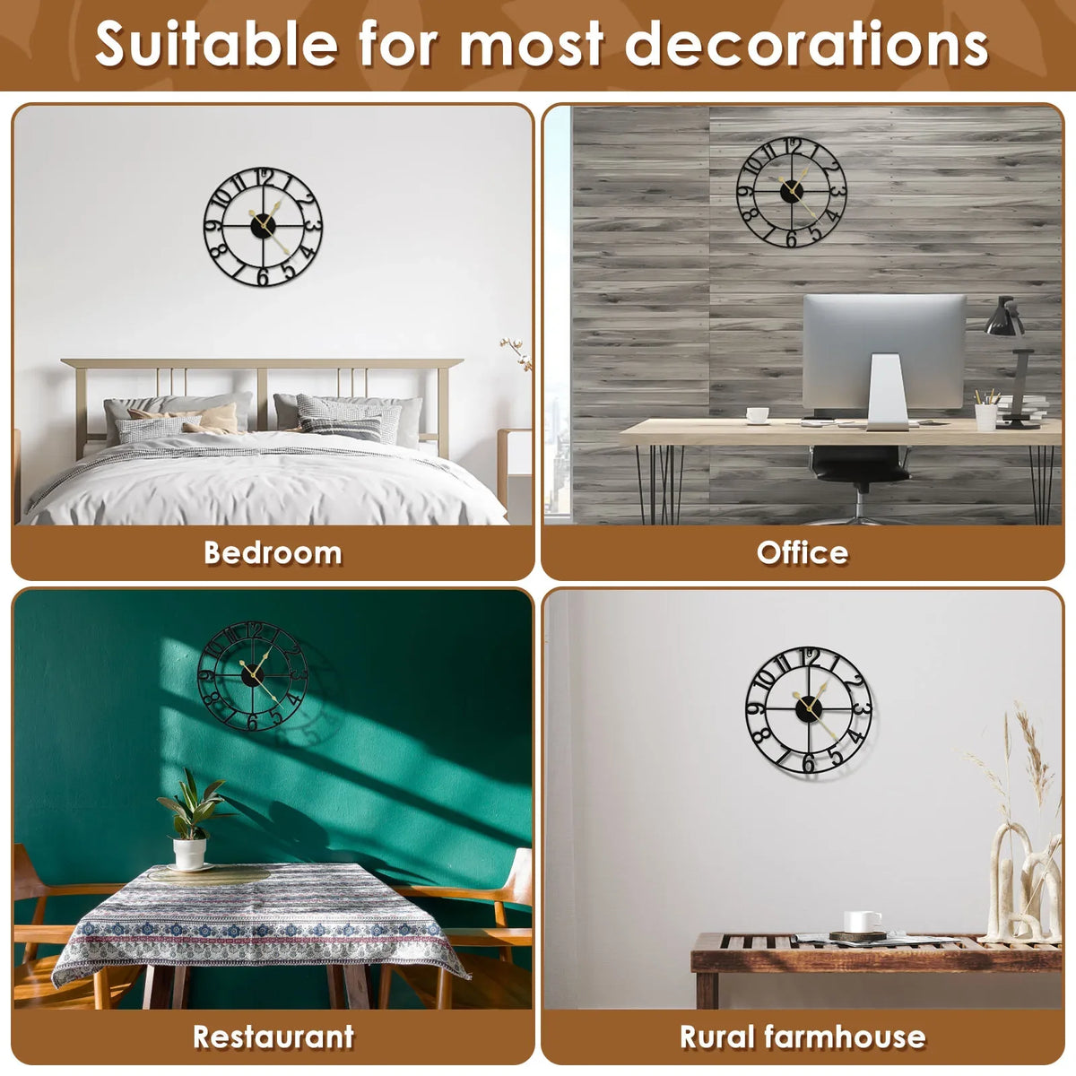 Horloge Mural Vintage Rustique Fer Silencieuse Décorative