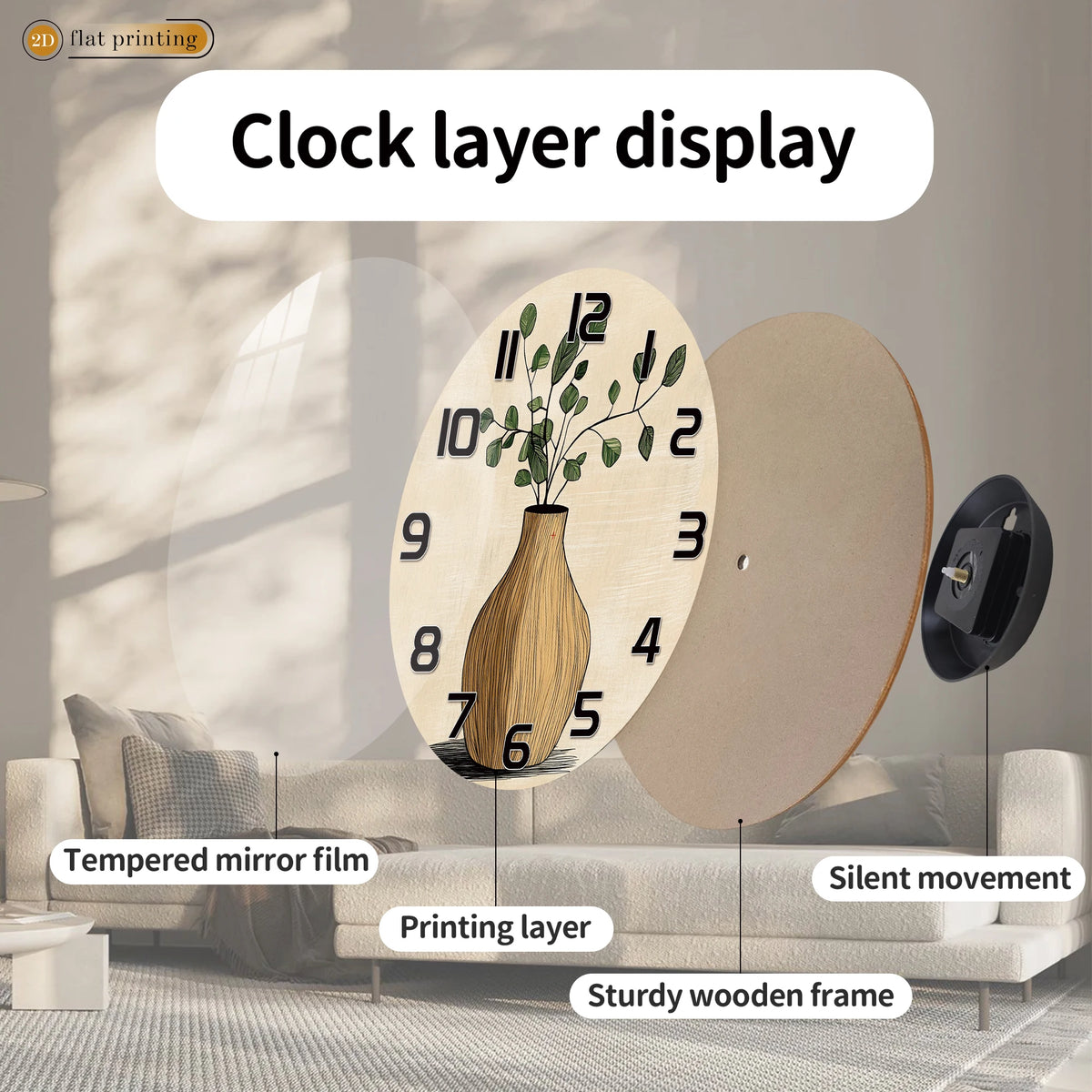 Horloge Mural Botanique Plante Verte Vase Bois Décorative