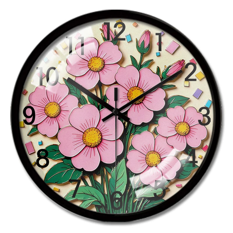 Horloge Murale Fleurs Roses Vives Cartoon Silencieuse Enfant