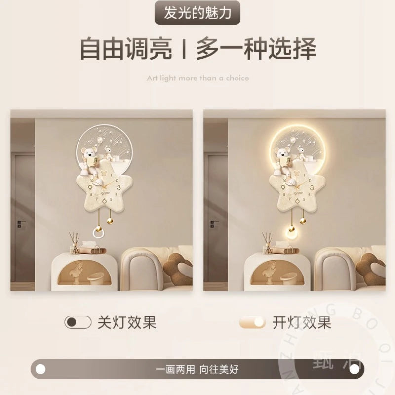 Horloge Murale LED Ours Crème Silencieuse Salon