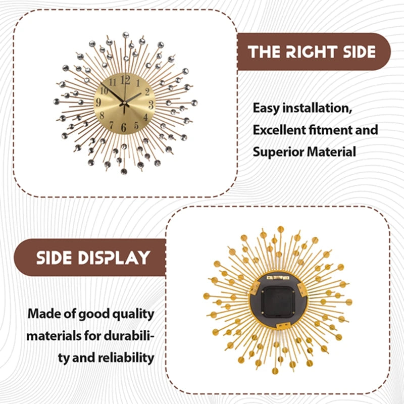 Horloge Mural Diamants Doré Métal Silencieuse Moderne Salon