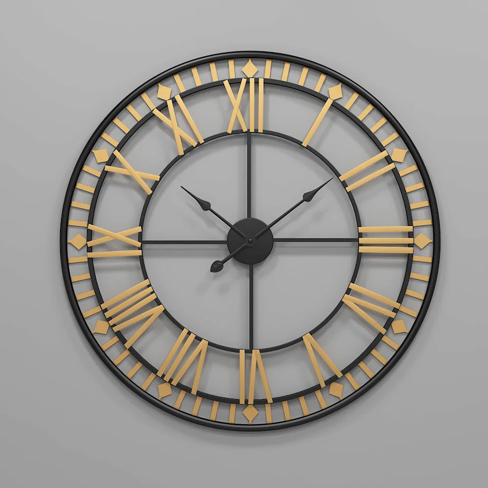 Horloge Murale Géante Rétro Métal Chiffres Romains Silencieuse