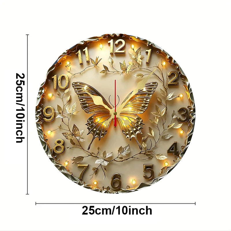 Horloge Mural Ronde Bois Papillon Doré Silencieuse Déco