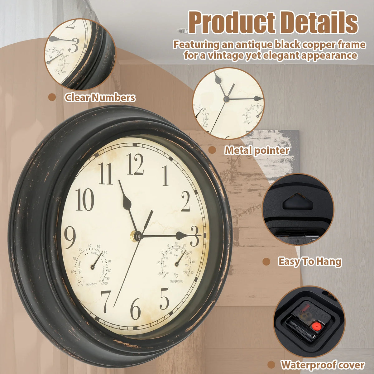 Horloge Murale Vintage Jardin Étanche Silencieuse Quartz