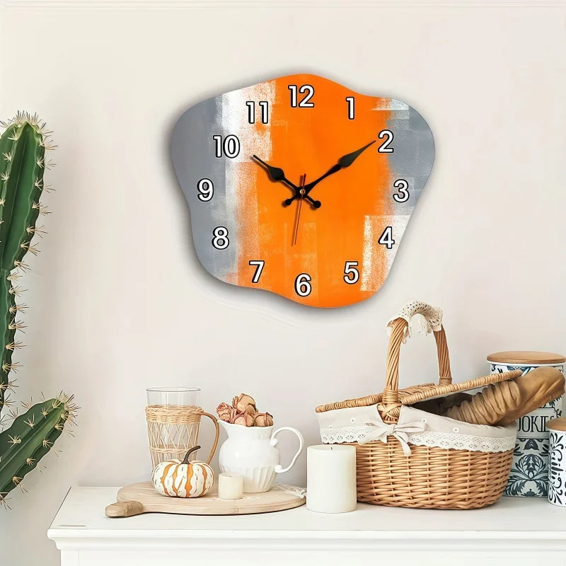 Horloge Mural Alien Abstraite Bois Silencieuse Gris Orange