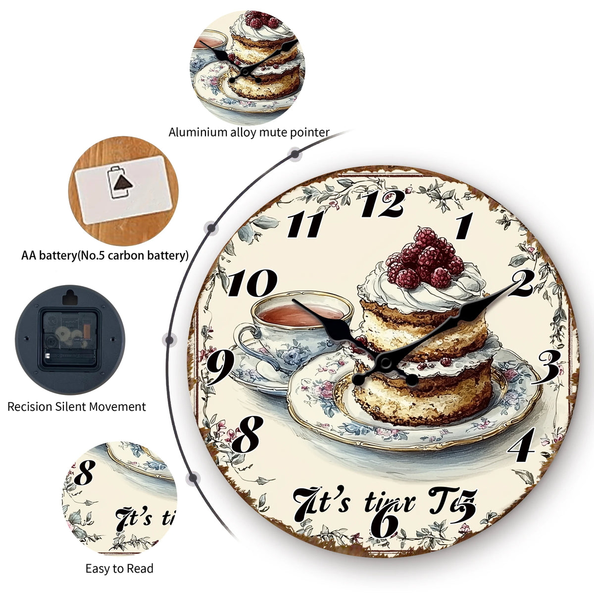 Horloge Murale Ronde Vintage Gâteau Thé Illustrée