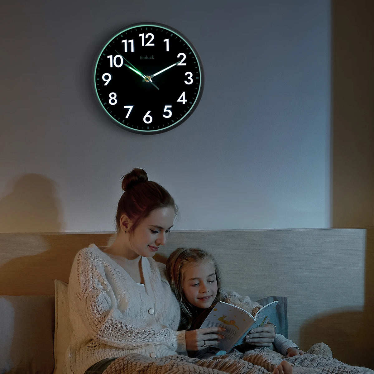 Silent Non-ticking LED Wall Clock with Light Sensor, Auto-Illuminated Numbers & Hands, Adjustable Brightness, Non-Fluorescent