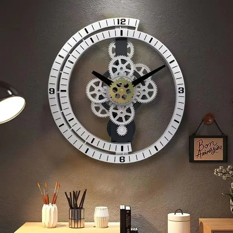Horloge Mural Engrenages Rotatifs Silencieuse Design Industriel