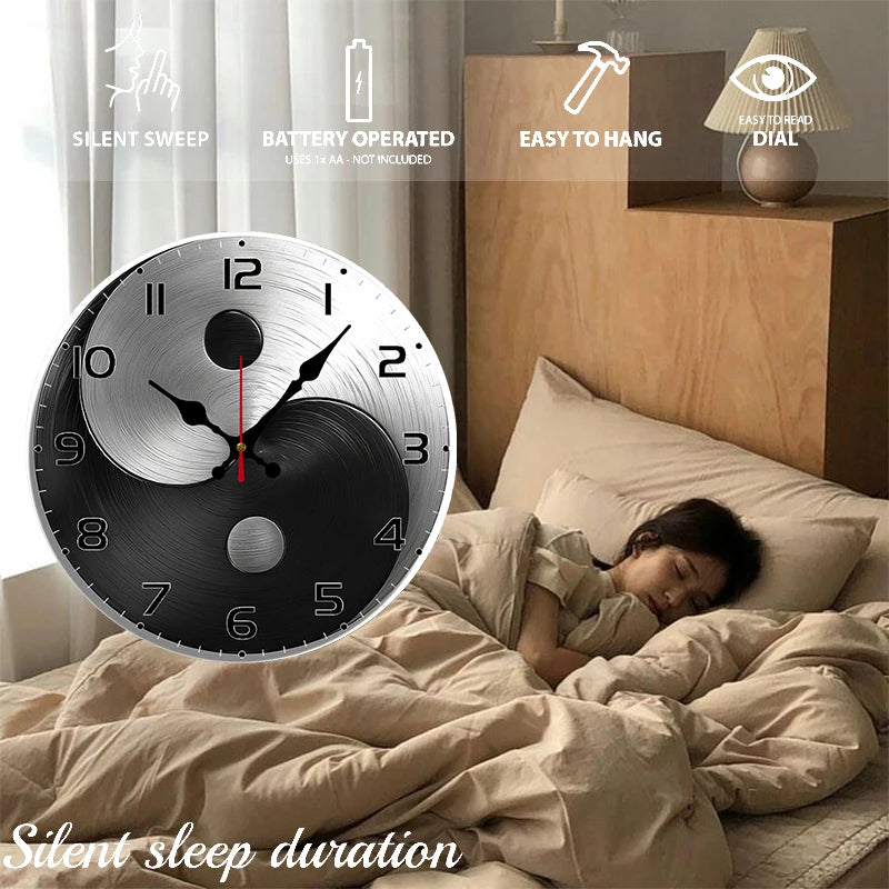 Horloge Mural Ronde Yin Yang Bois Métal Silencieuse