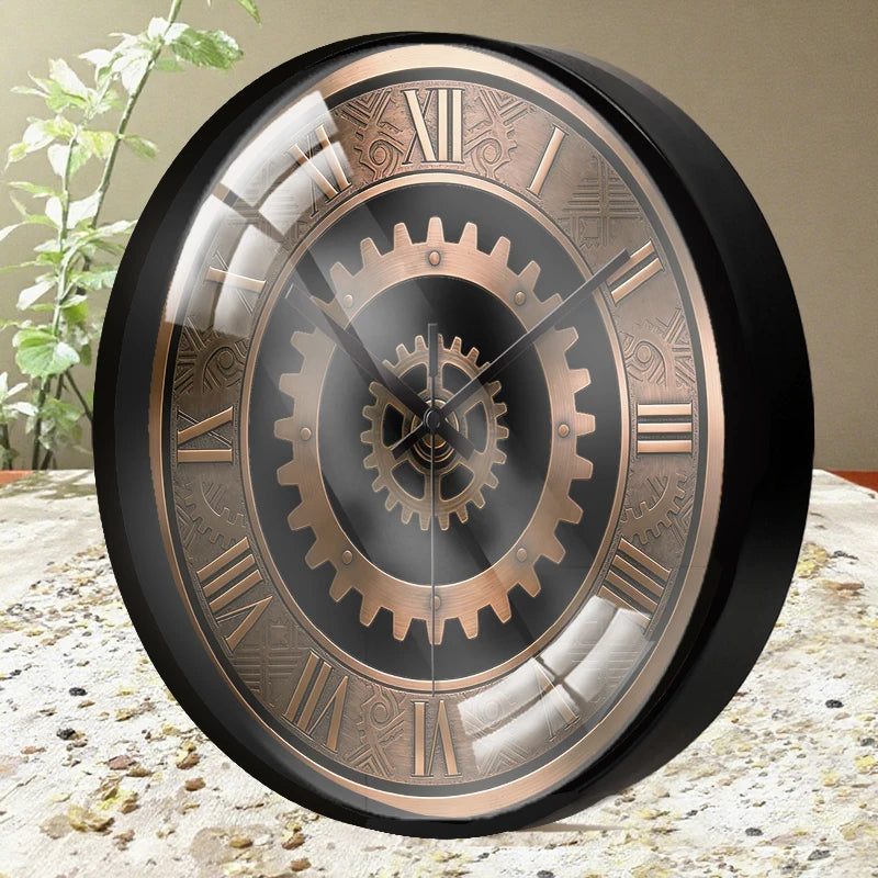 Horloge Mural Ronde Steampunk Engrenages Silencieuse Déco