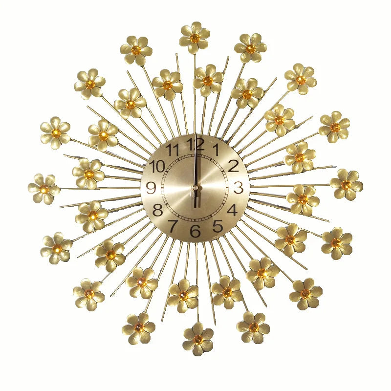 Horloge Mural Métal Luxe Paon Fleur Silencieux Quartz