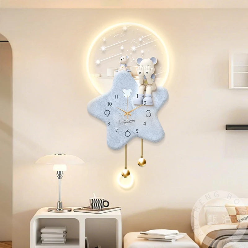 Horloge Murale Ourson LED Silencieuse Déco Salon Crème