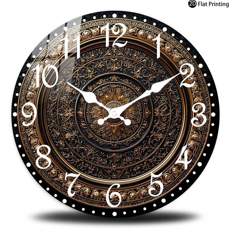 Horloge Murale Bois Silencieuse Or Quartz Motifs Détaillés