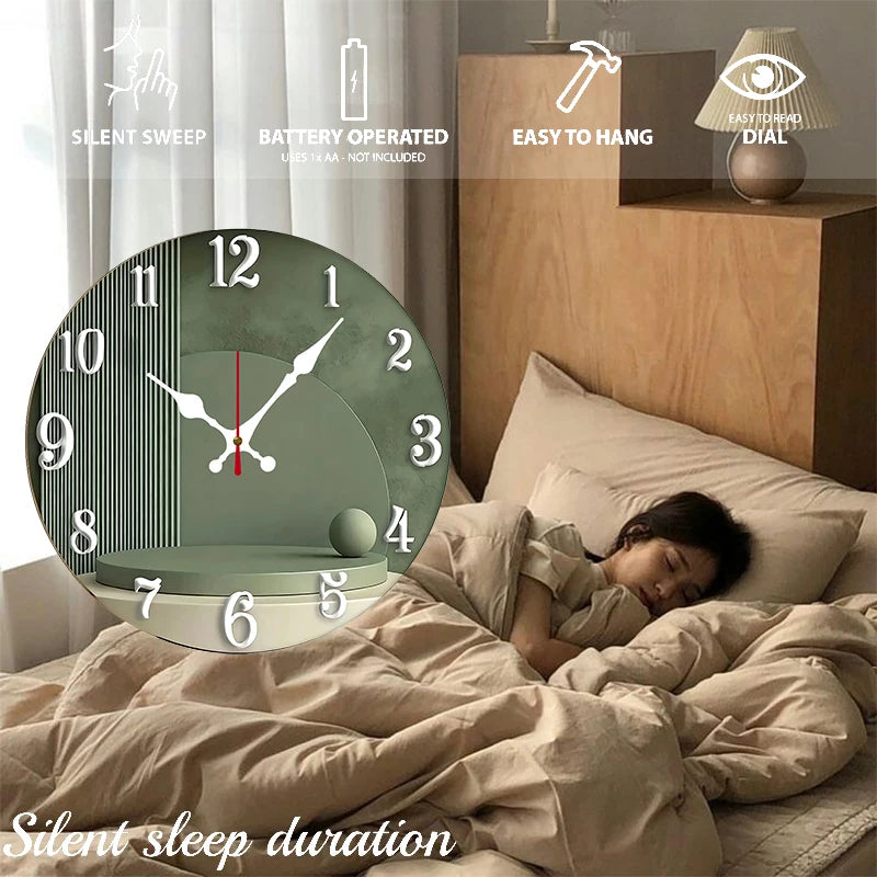 Horloge Mural Moderne Verte Bois Ronde Silencieuse Décoration