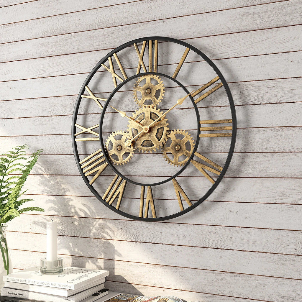 Horloge Murale Industrielle Rétro 3D Silencieuse Chiffres Romains
