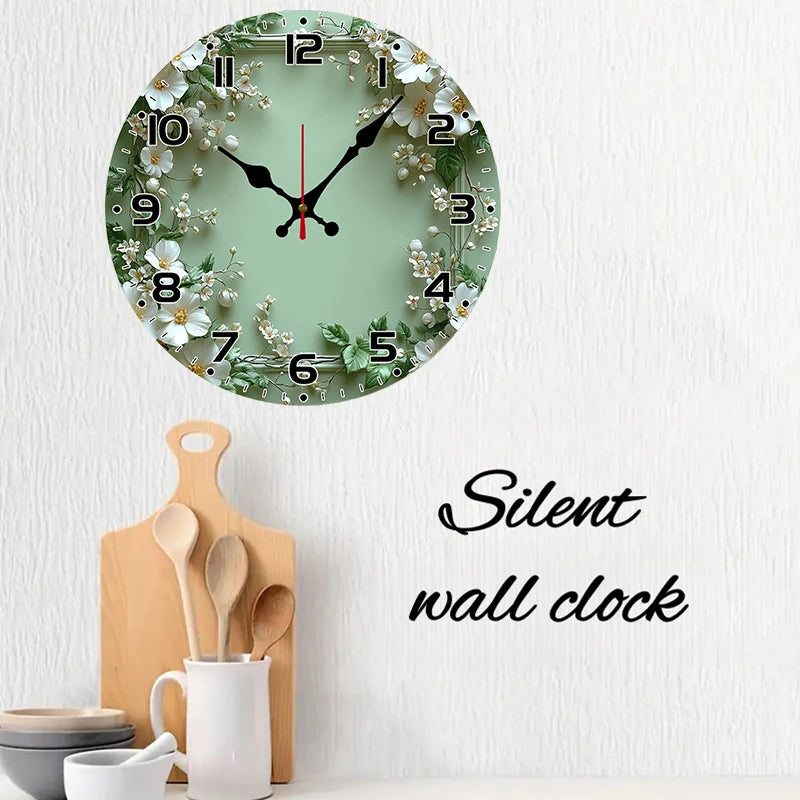 Horloge Mural Bois Ronde Couronne Verte Silencieuse Romantique