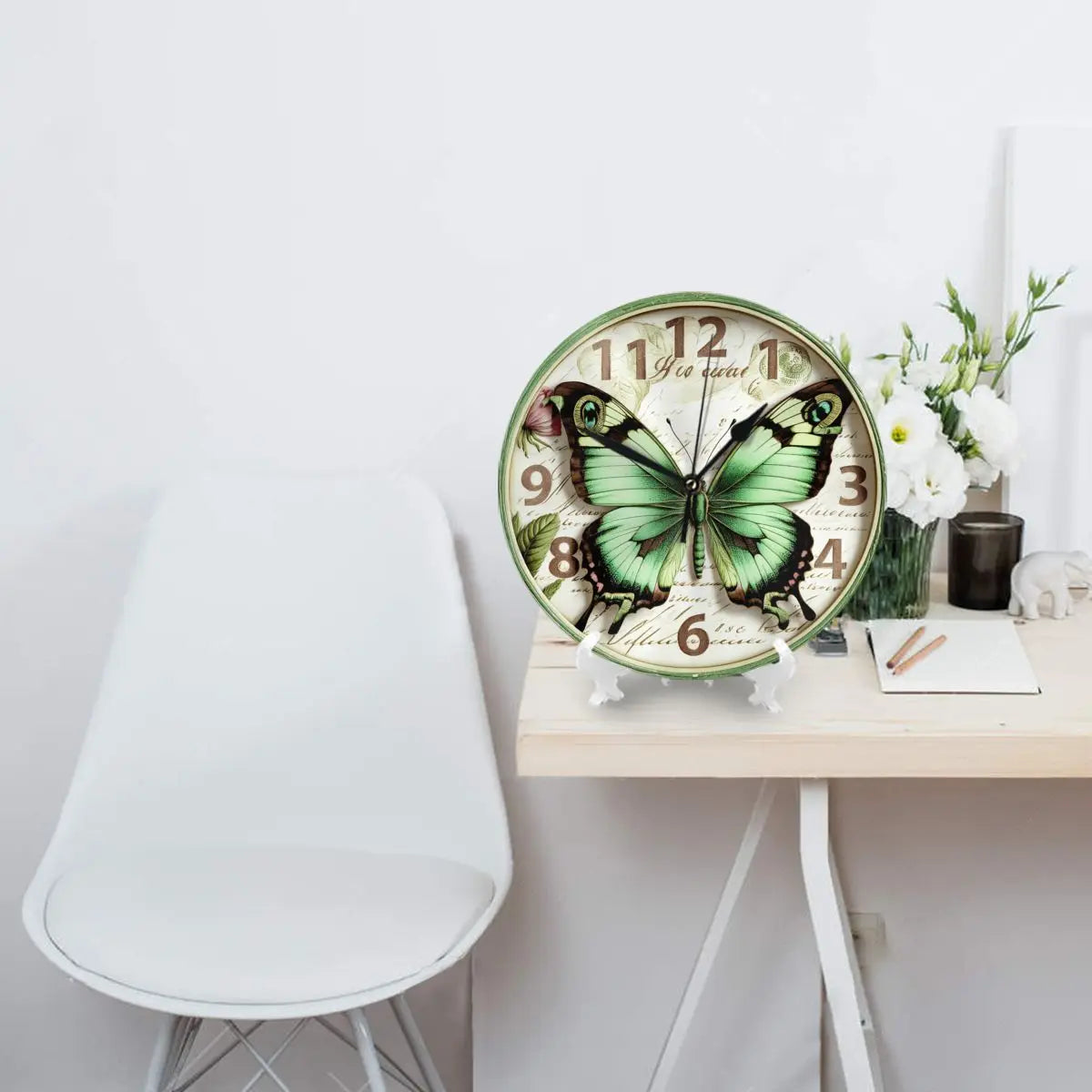 Horloge Murale Ronde Moderne Silencieuse Papillon Vert