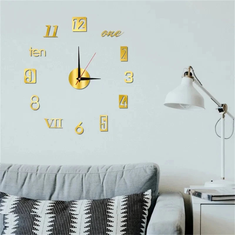 Horloge Murale Géante Chiffres Romains Acrylique Miroir DIY