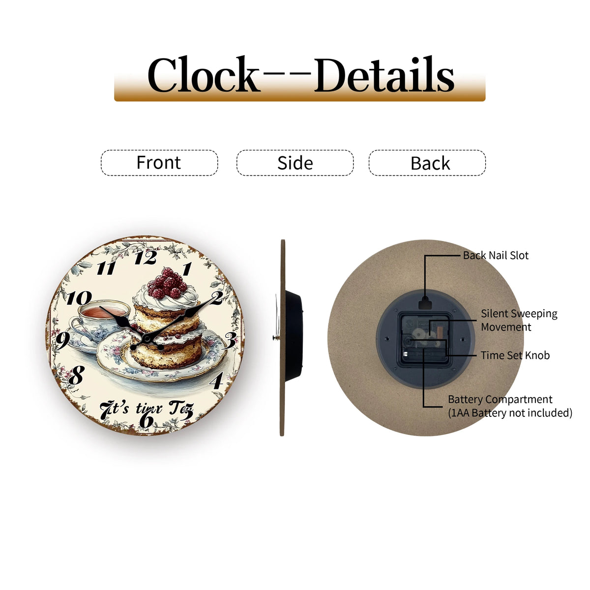 Horloge Murale Ronde Vintage Gâteau Thé Illustrée