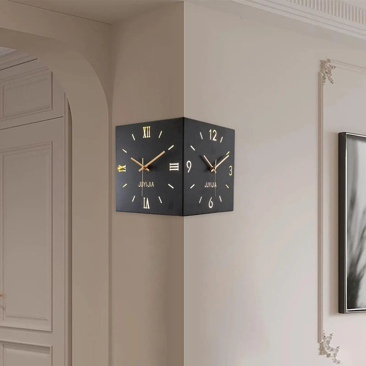 Horloge Mural Coin Double Face Lumineuse Silencieuse Moderne