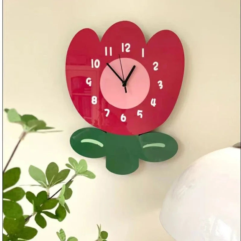 Horloge Mural Silencieuse Fleur Rose Mignonne Décoration