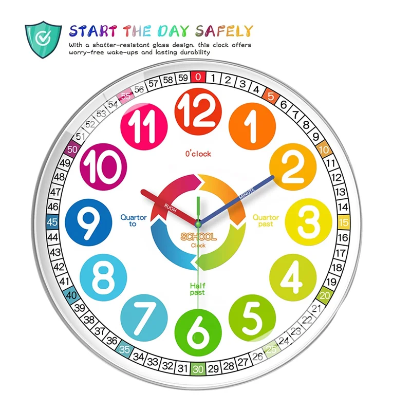 Horloge Mural Enfant Silencieuse Colorée Éducative Décorative