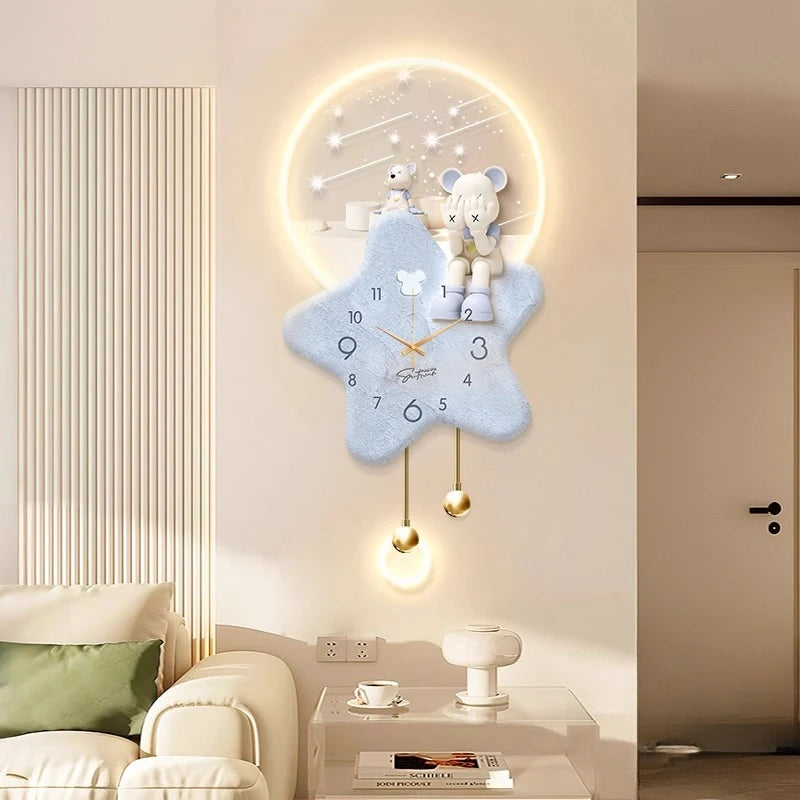 Horloge Mural Ours Cartoon Crème LED Silencieuse Salon