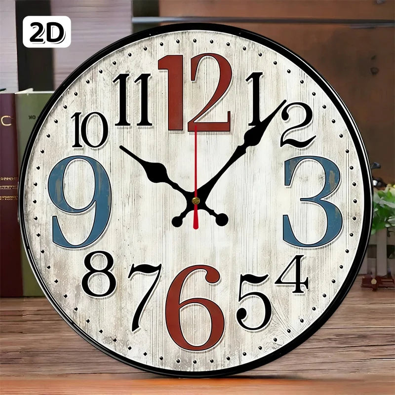 Horloge Mural Vintage Rustique Bois Silencieuse Ronde
