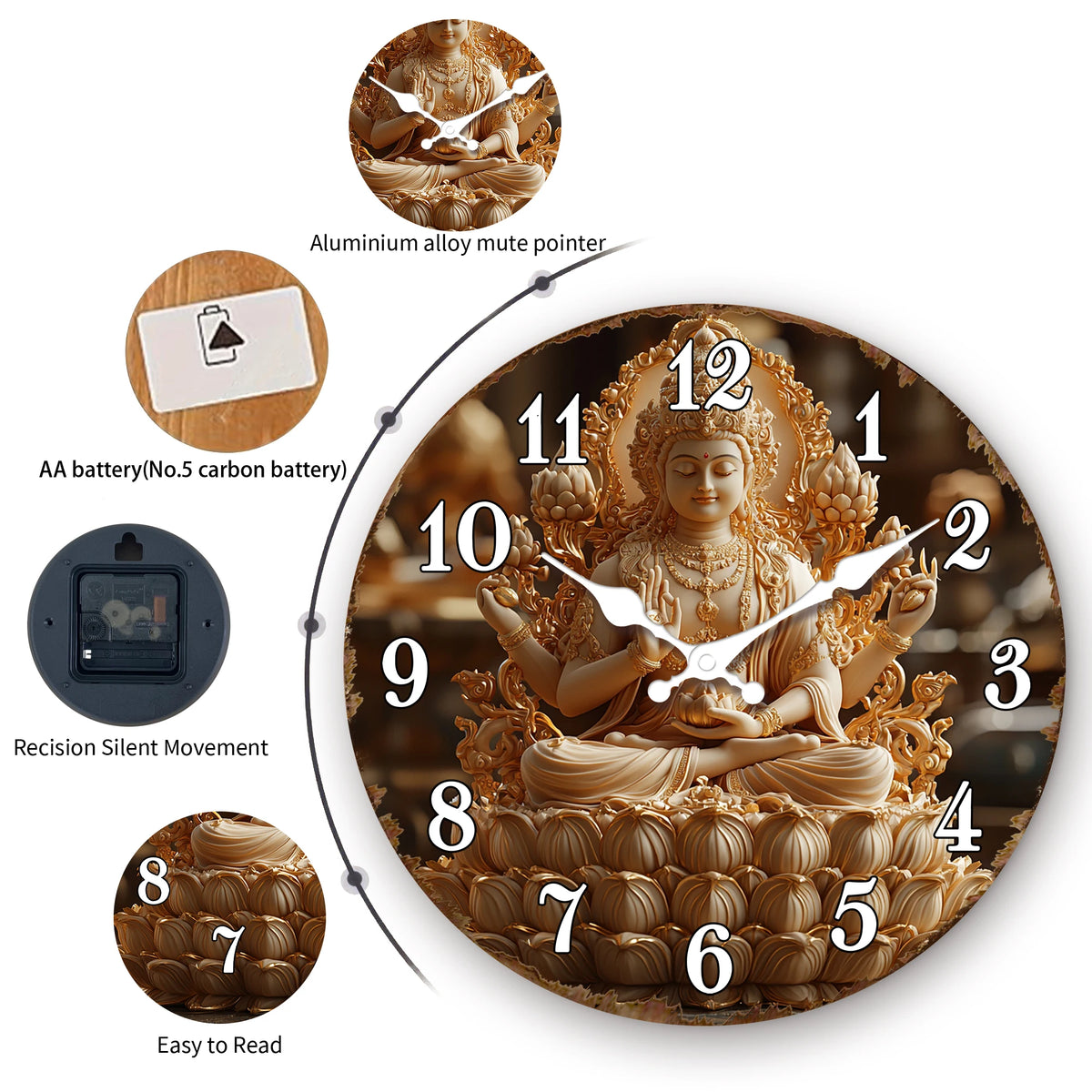 Horloge Murale Bouddha Doré Vintage Silencieuse Méditation