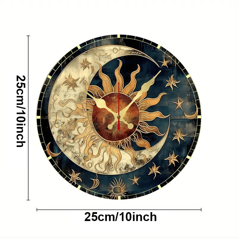 Horloge Mural Céleste Bois Soleil Lune Silencieuse Décoration